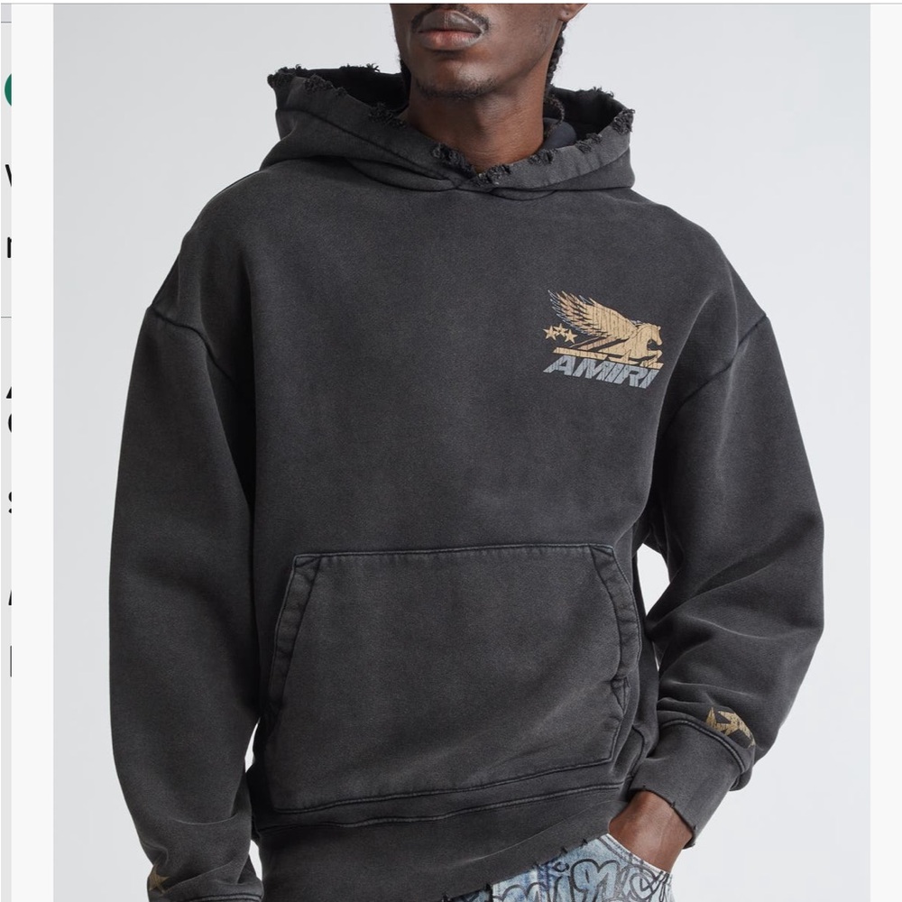 AMIRI Black Distressed Hooded Sweatshirt with Gold Logo